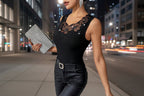 Black ribbed vest T-shirt top with rhinestone decorations, casualwear by Plush Fashion Hub.