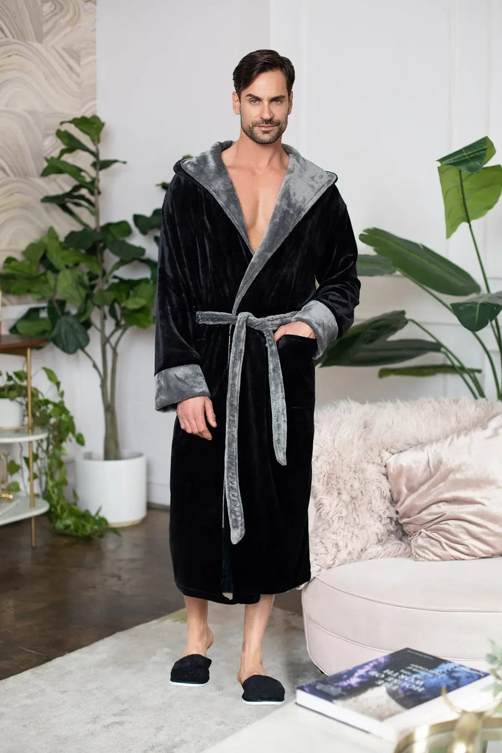 Black men's hooded robe from Plush Fashion Hub, made of ultra-soft plush fabric for comfortable everyday wear.