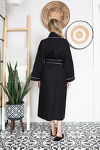 Black women’s waffle piping bathrobe from Plush Fashion Hub, lightweight spa-style robe with cozy comfort and stylish design.