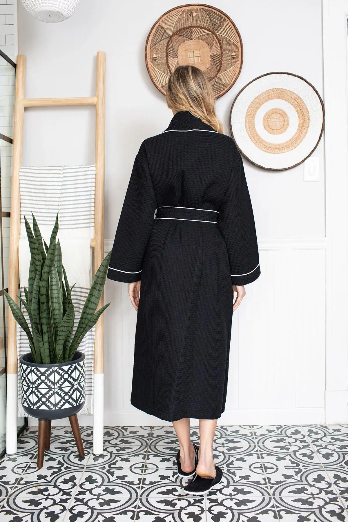Black women’s waffle piping bathrobe from Plush Fashion Hub, lightweight spa-style robe with cozy comfort and stylish design.