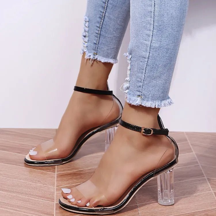 Women's faux leather block heel ankle strap sandals by Trendsi, featuring a stylish design and comfortable fit.