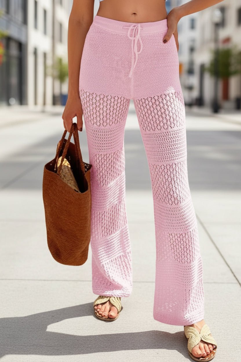 Boho crochet knit beach cover-up pants by Plush Fashion Hub, featuring lightweight, relaxed casualwear for beach or poolside wear.