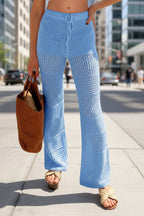 Boho crochet knit beach cover-up pants in lightweight fabric, featuring relaxed fit and intricate crochet details, from Plush Fashion Hub.