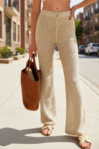 Boho crochet knit beach cover-up pants from Plush Fashion Hub, casualwear with airy, stylish crochet detailing for summer.