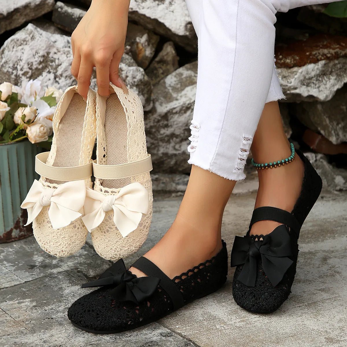 Women's round toe mesh flats with bow detail from Plush Fashion Hub, slip-on style, casual and comfortable footwear