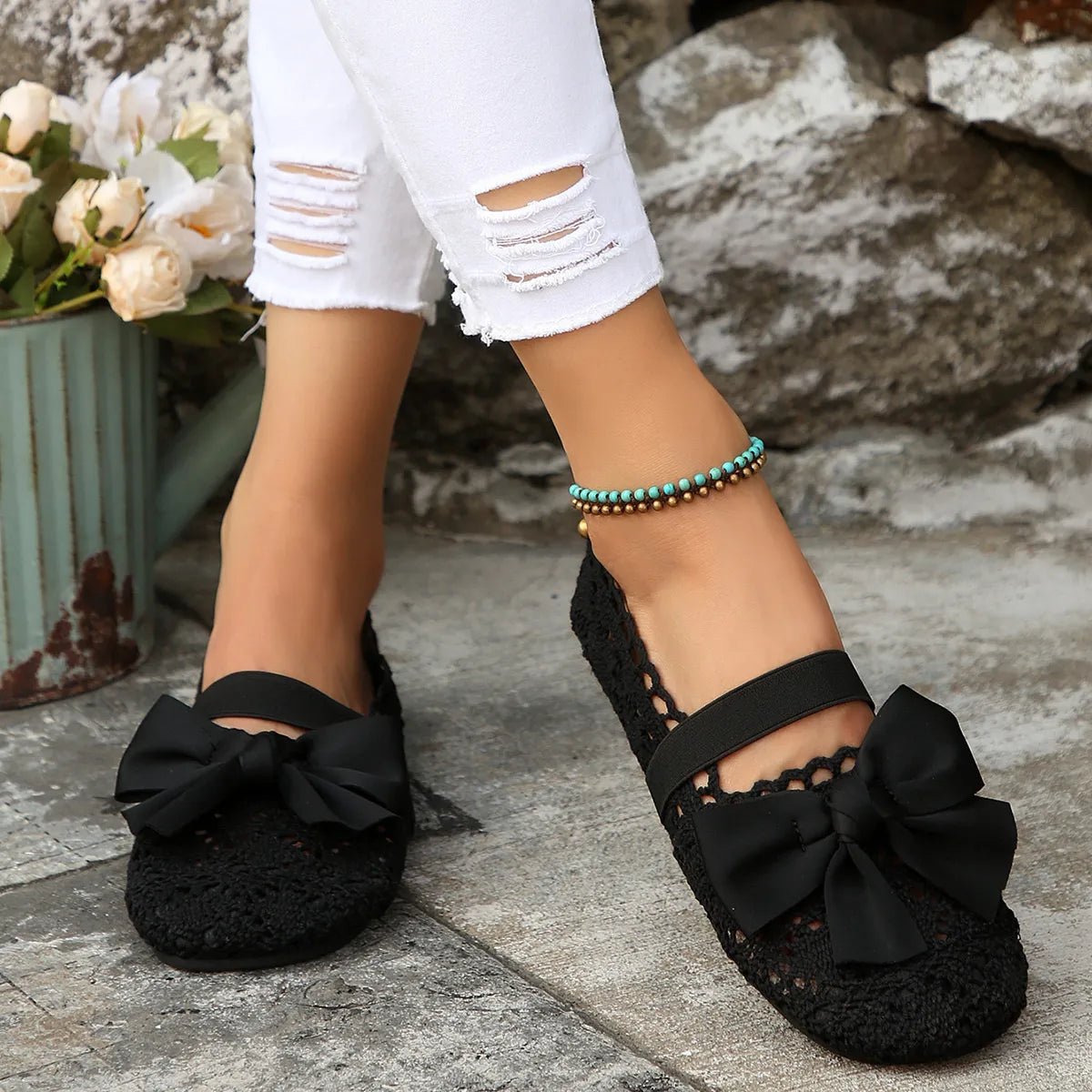 Women's round toe mesh flats with bow detail from Plush Fashion Hub, slip-on shoe featuring a stylish, comfortable design.