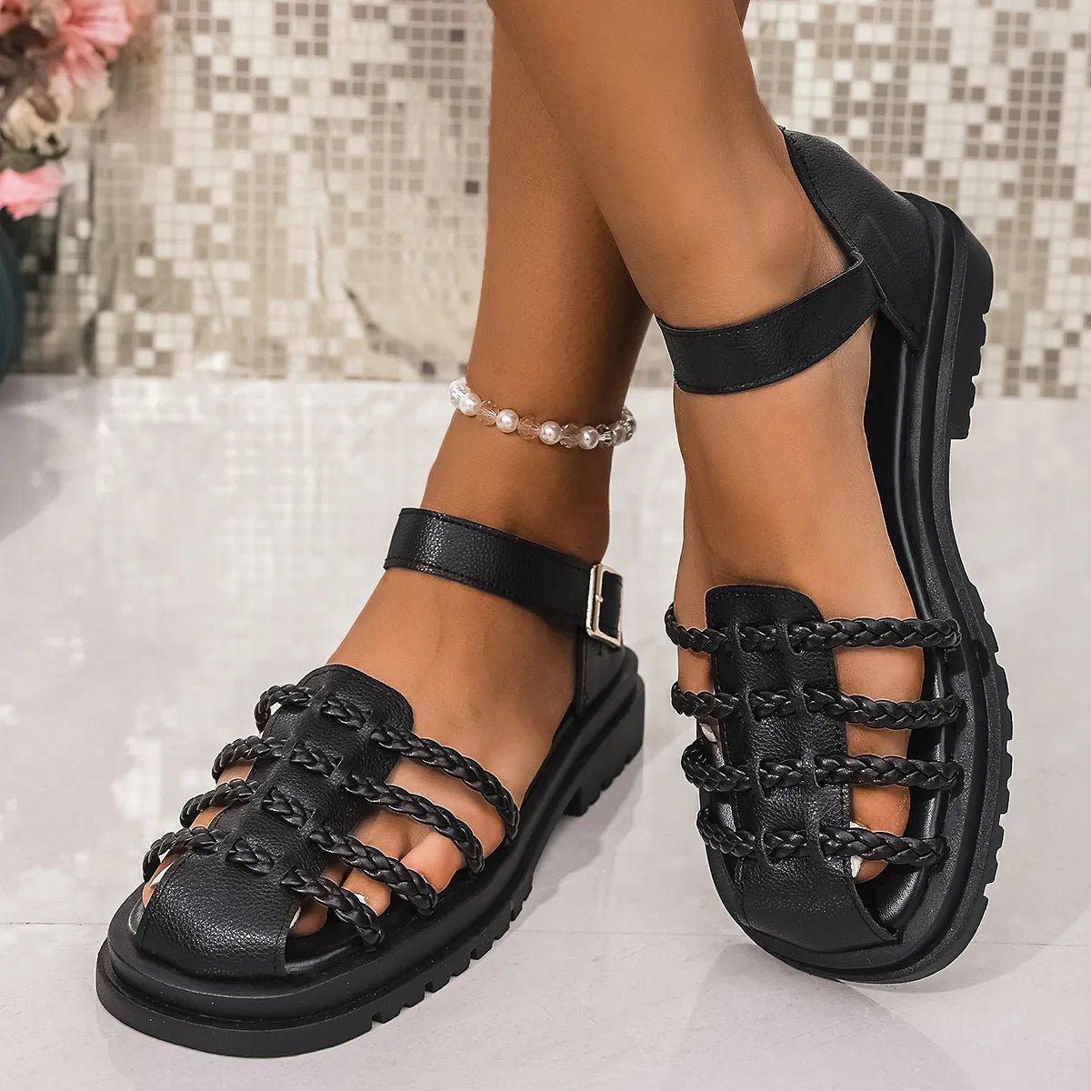 Women's braided ankle strap low heel sandals by Trendsi featuring comfortable chic design and stylish footwear for warm weather.