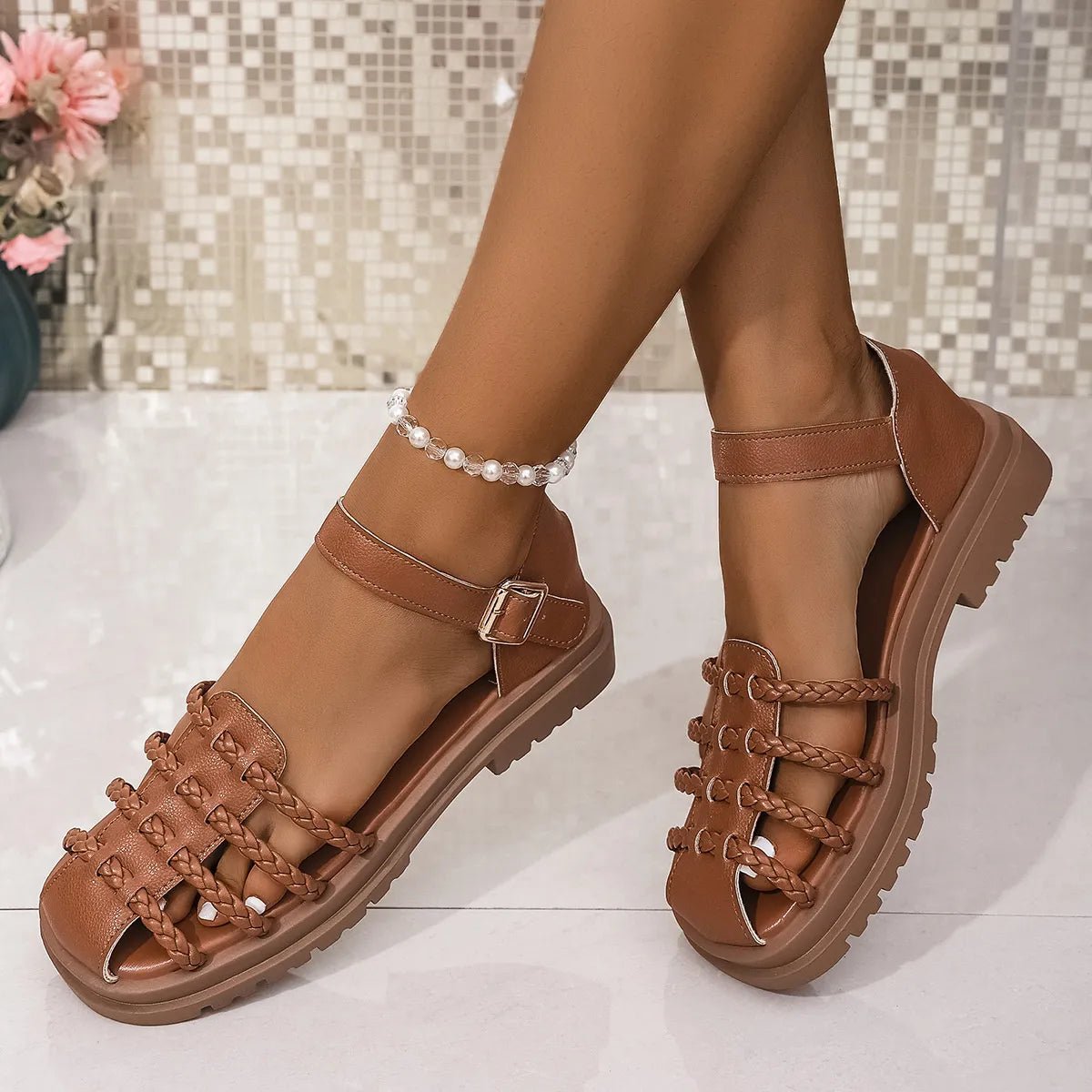 Women's braided ankle strap low heel sandals by Trendsi, featuring comfortable chic design with stylish braided details and ankle strap.