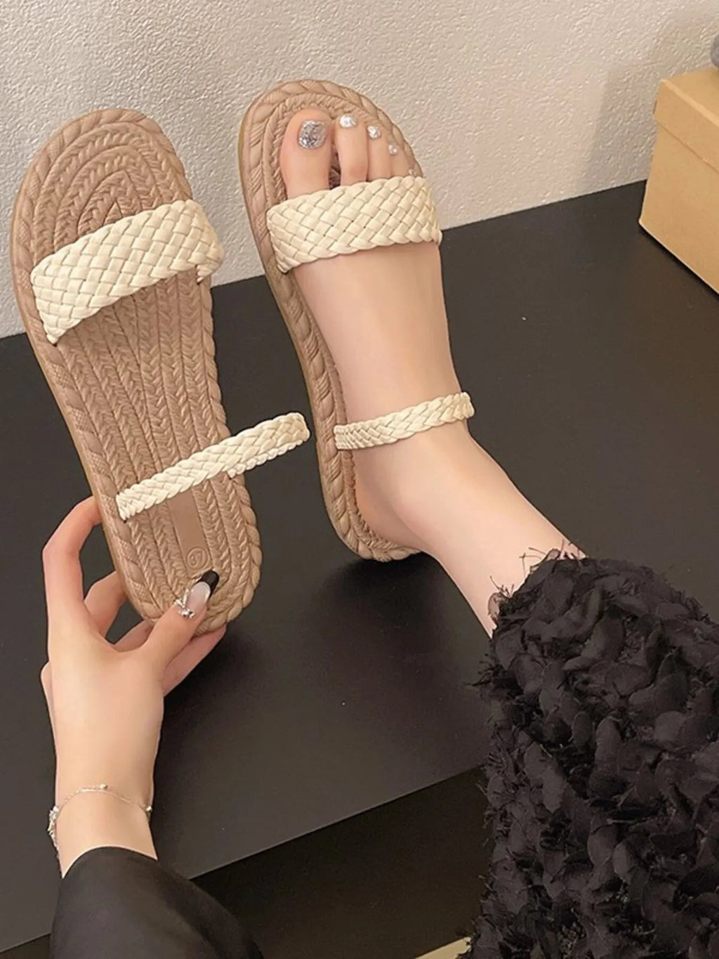 Women's braided-strap espadrille flat sandals with jute soles, casual summer footwear by Trendsi, perfect for warm weather.