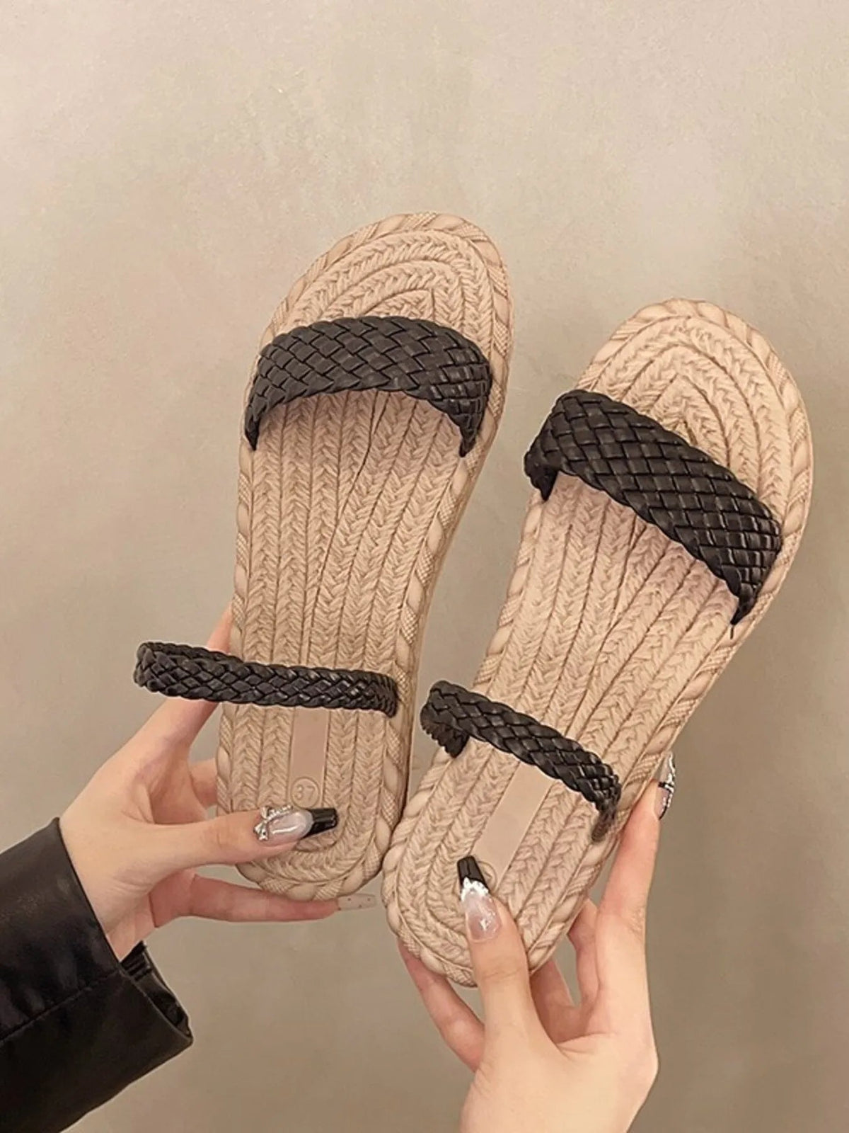 Women braided-strap espadrille flat sandals by Plush Fashion Hub, casual summer shoes with woven straps and jute soles.