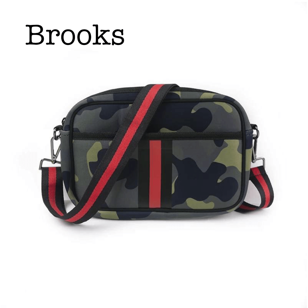 Black neoprene crossbody bag by Threaded Pear with adjustable strap and minimalist design, suitable for everyday use.