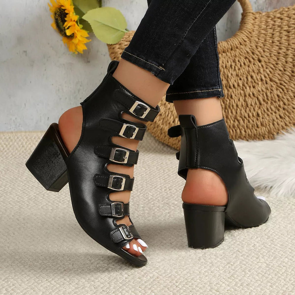 Women's buckle block heel sandals by Trendsi, featuring a comfortable mid-heel design and stylish dress shoe style.