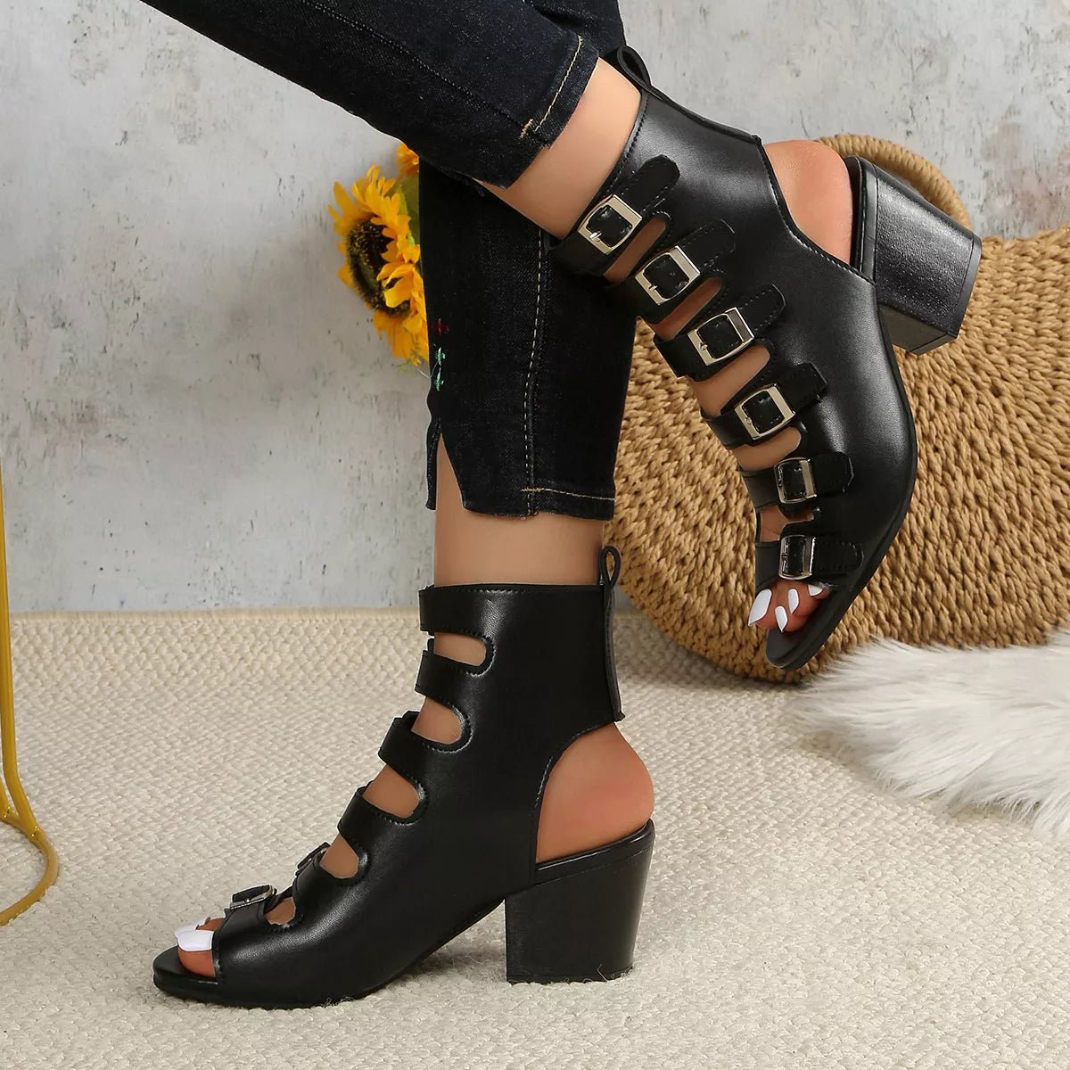 Women's buckle block heel sandals with comfortable mid-heel design, stylish dress shoes from Trendsi.