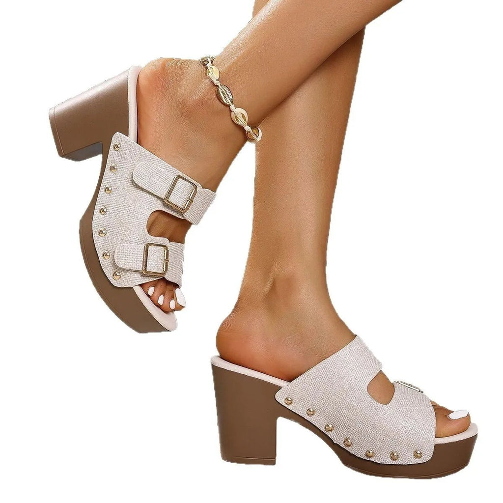 Women's buckle strap block heel sandals with mid-height heel, stylish dress shoes by Trendsi, featuring comfortable straps and open toe design.