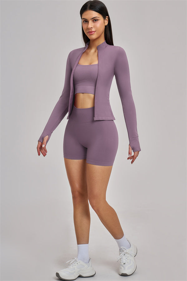 Fitglutes Activewear sports bra, shorts, and jacket set shown on a model, perfect for gym and workout sessions.