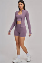 Fitglutes Activewear sports bra, shorts, and jacket set shown on a model, perfect for gym and workout sessions.