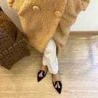 Women's suede pointed toe tassel flats with low heel, casual footwear by Plush Fashion Hub, featuring a shallow mouth design.