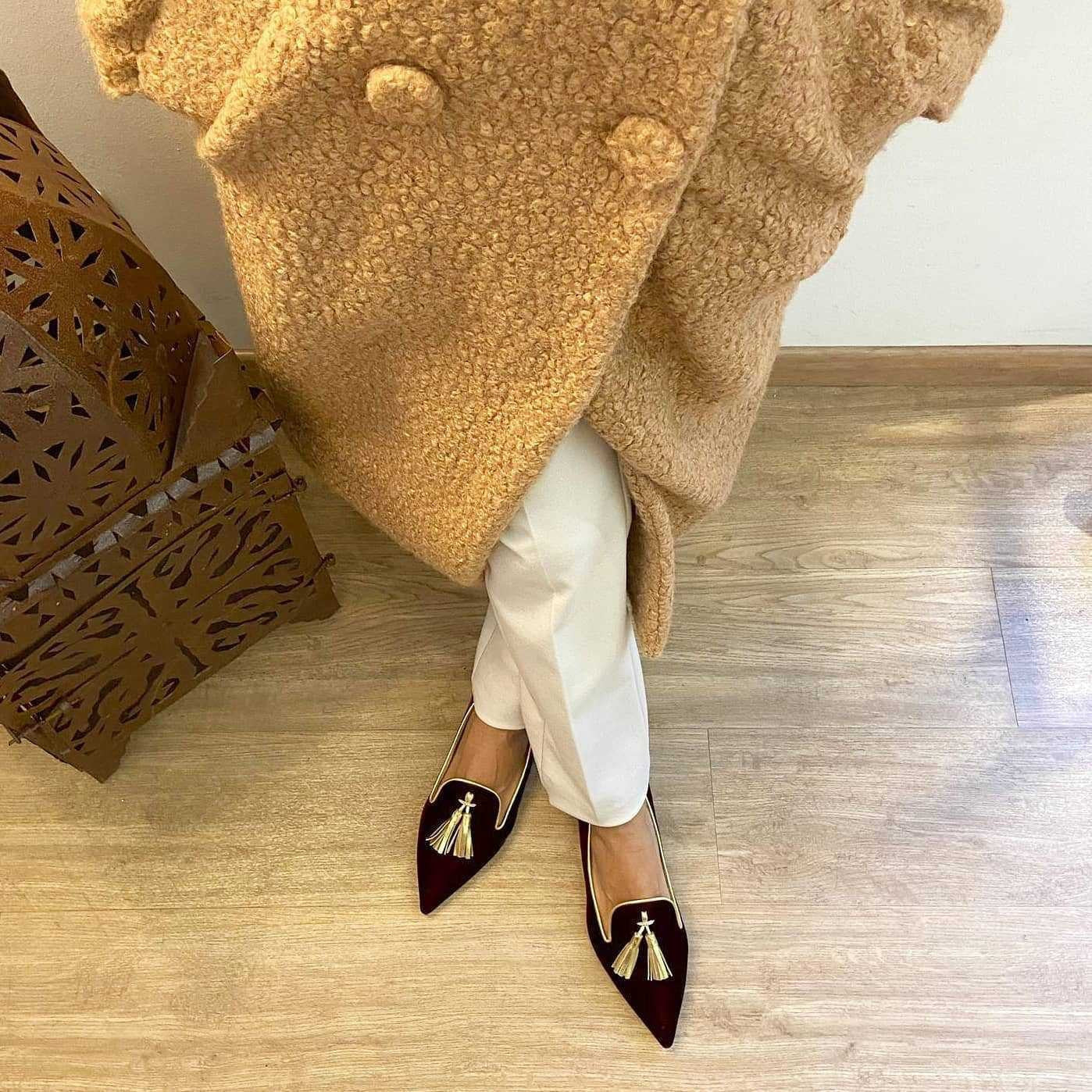 Women's suede pointed toe tassel flats with low heel, casual footwear by Plush Fashion Hub, featuring a shallow mouth design.