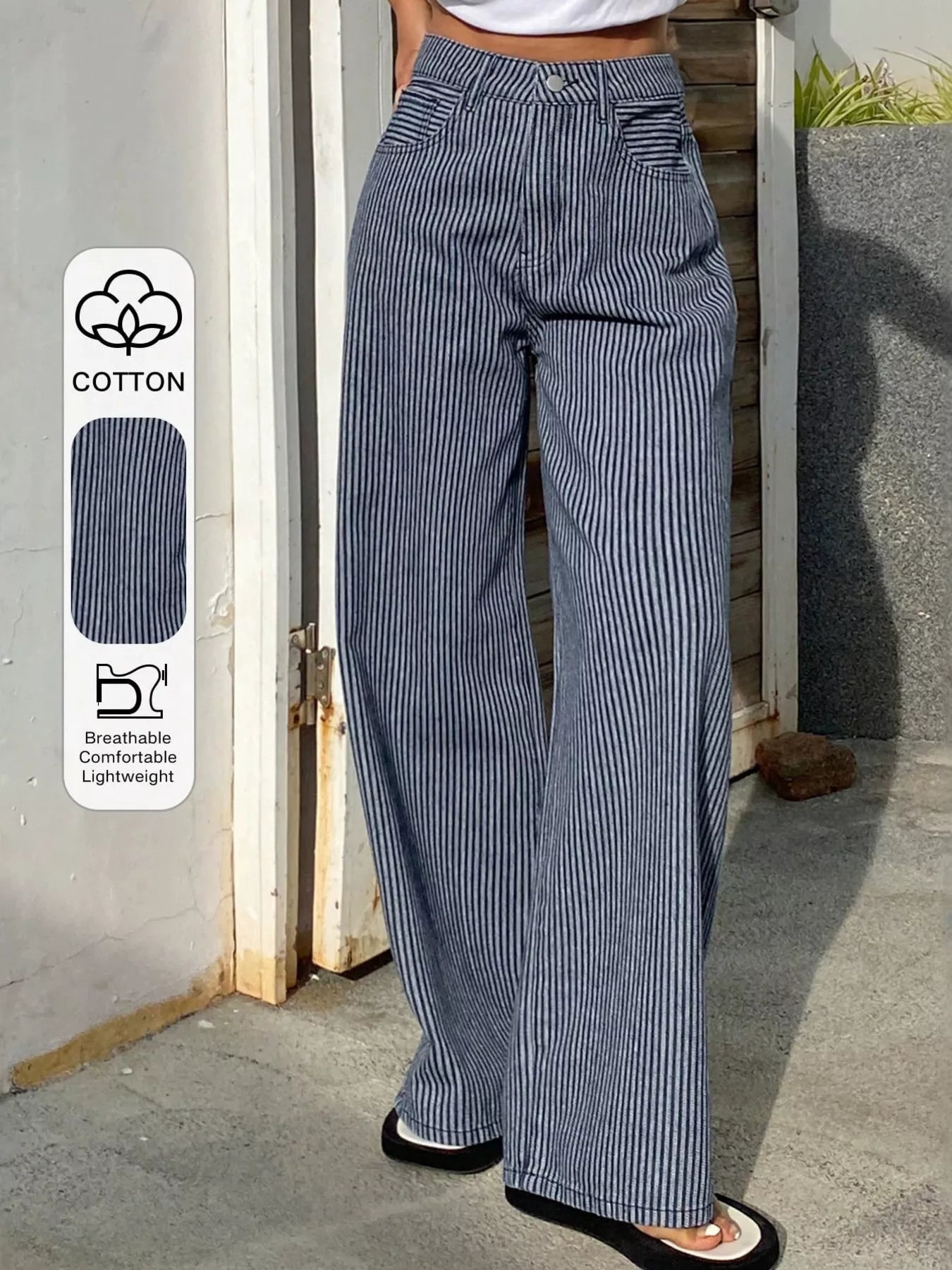 Shopimist striped wide-leg jeans with high waist and bold vertical stripes, styled with a casual fit and relaxed silhouette.