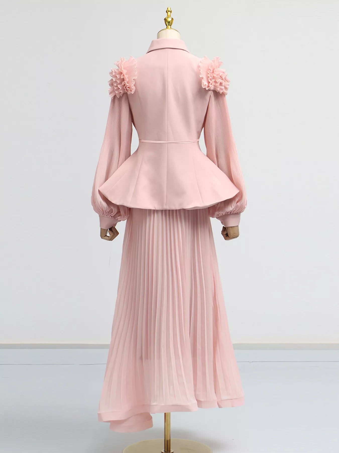 Shopimist frill lapel collar top and pleated skirt set, featuring a stylish blouse with ruffled collar and matching high-waisted pleated skirt