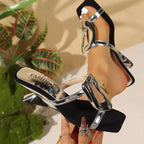 Open toe block heel sandals by Shopimist featuring beige straps and chunky heel, perfect for summer or casual wear.