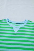 Stripe Colorblock Detail Puff Sleeve Top Drawstring Shorts 2pcs Outfit