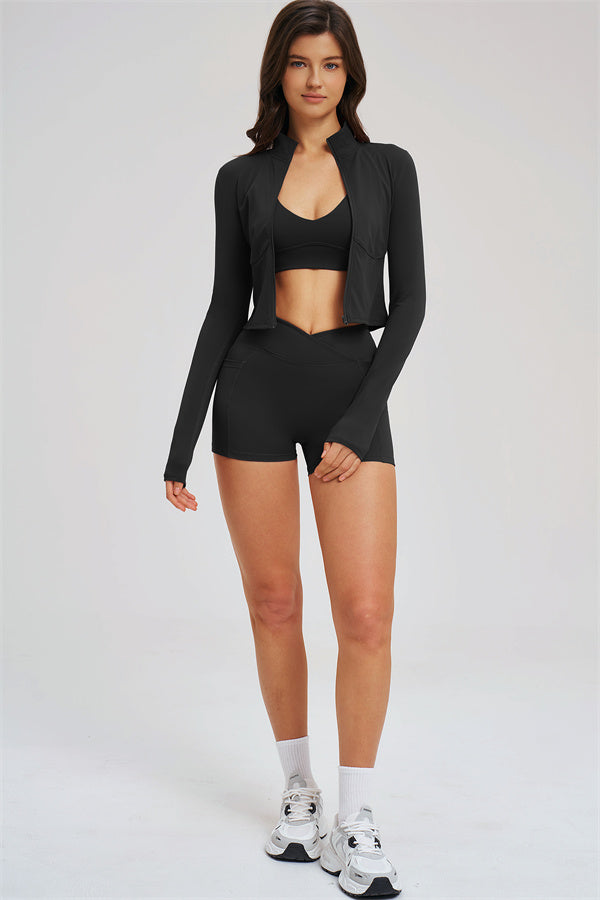 Fitglutes Activewear Sizzle Zip Jacket, sports bra, and shorts 3-piece set for workout and gym training.