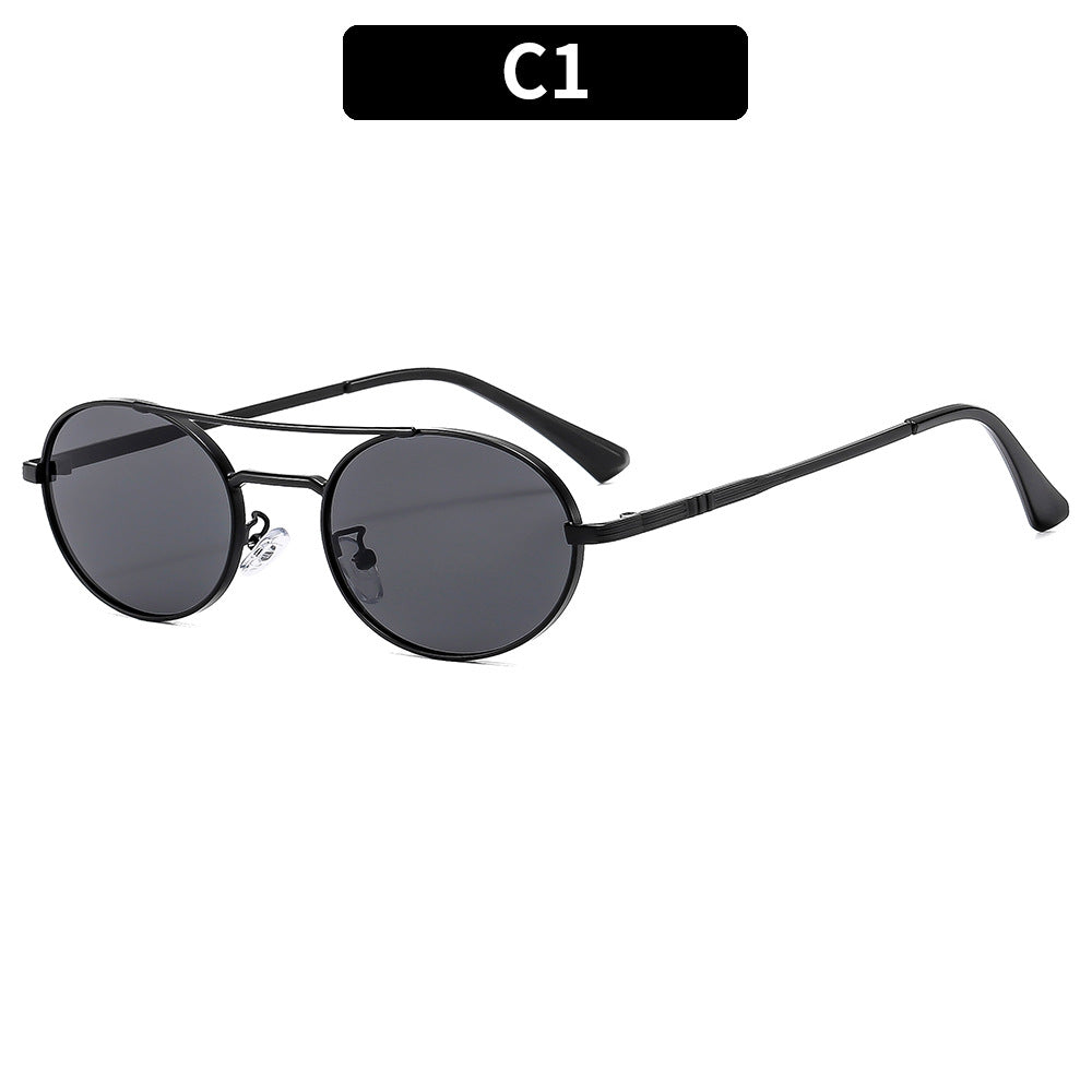 Retro oval dual-beam metal sunglasses with UV protection featuring sleek metal frames and tinted lenses.