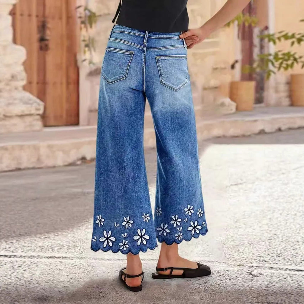 Women's cropped denim jeans with chrysanthemum embroidery, loose straight-leg fit, casualwear by Plush Fashion Hub.