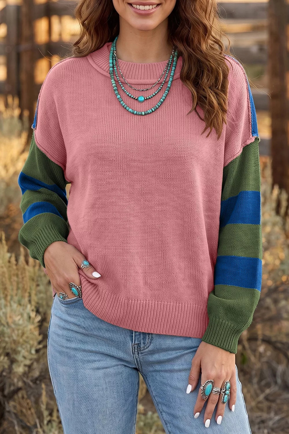 Colorblock patchwork striped long sleeve sweater from Trendsi, featuring multicolour western-inspired design and cozy shirt style.
