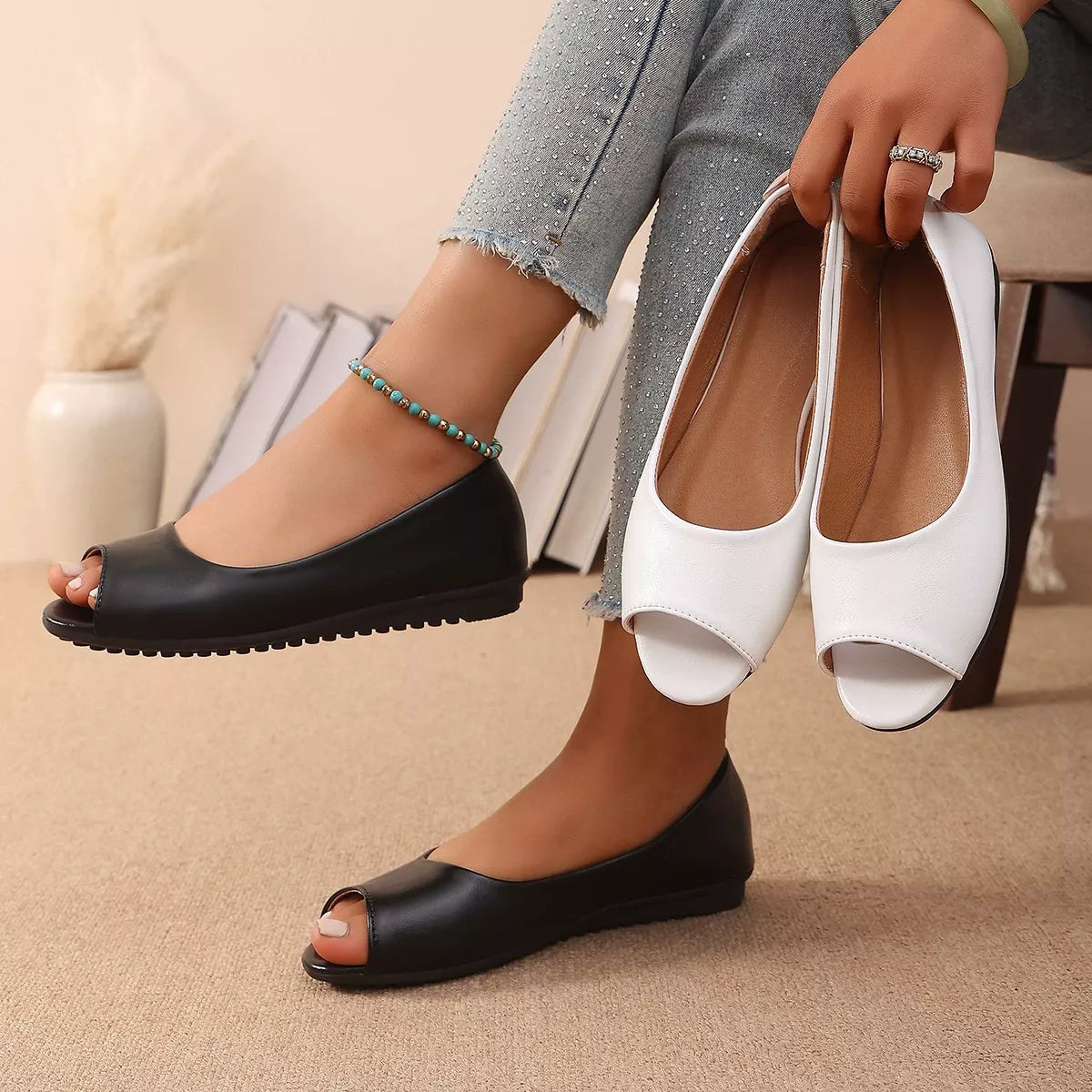 Plush Fashion Hub peep toe flat sandals with plush material and open toe design, stylish footwear for casual or dressy occasions.