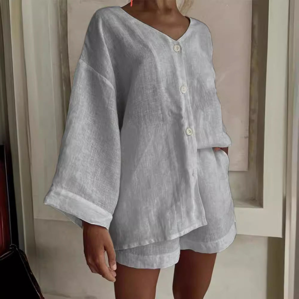 Women's cotton linen shirt and shorts set by Plush Fashion Hub, long sleeve button casual 2-piece outfit, comfortable and stylish.