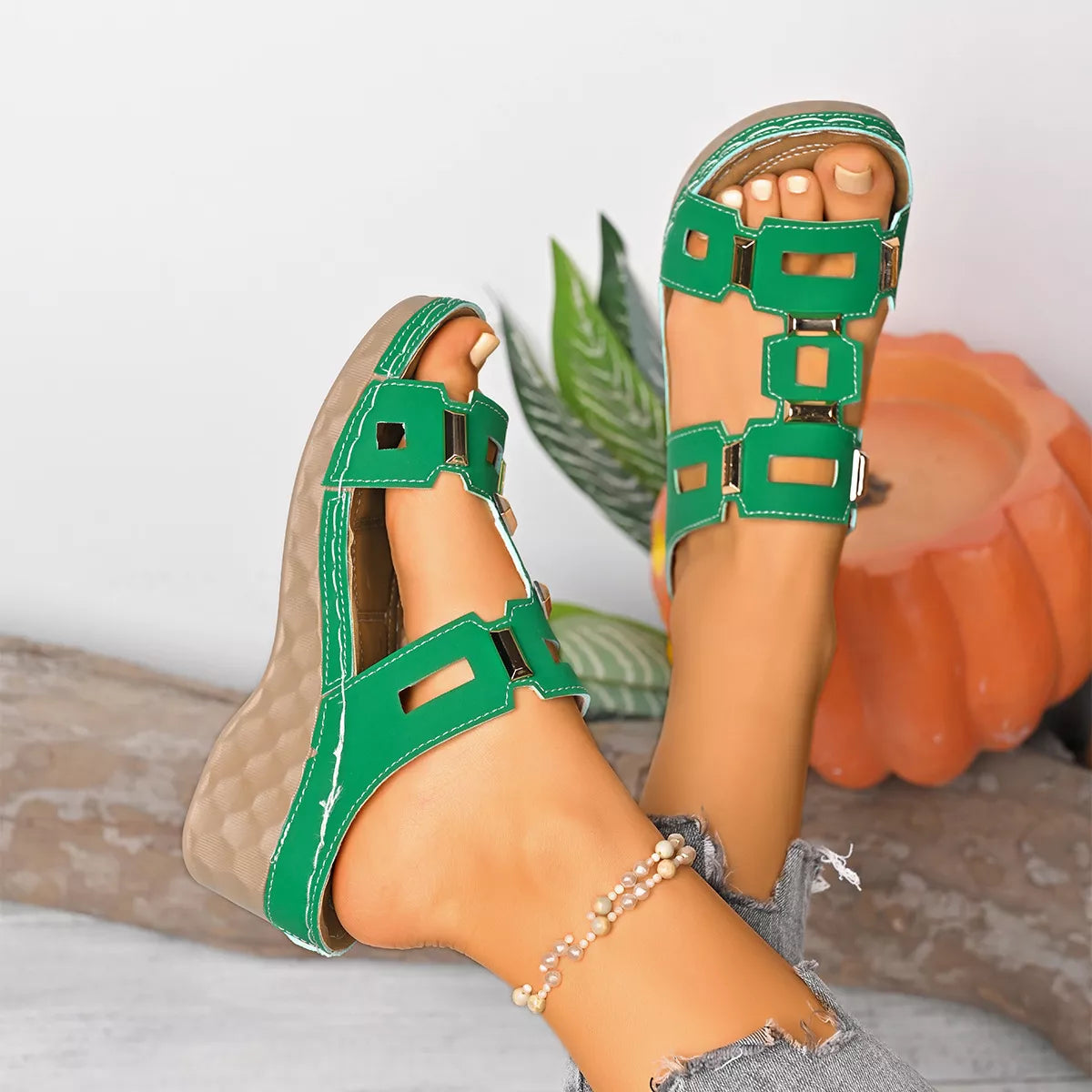 Open toe wedge sandals by Shopimist featuring a stylish design with a comfortable cork platform and ankle straps.
