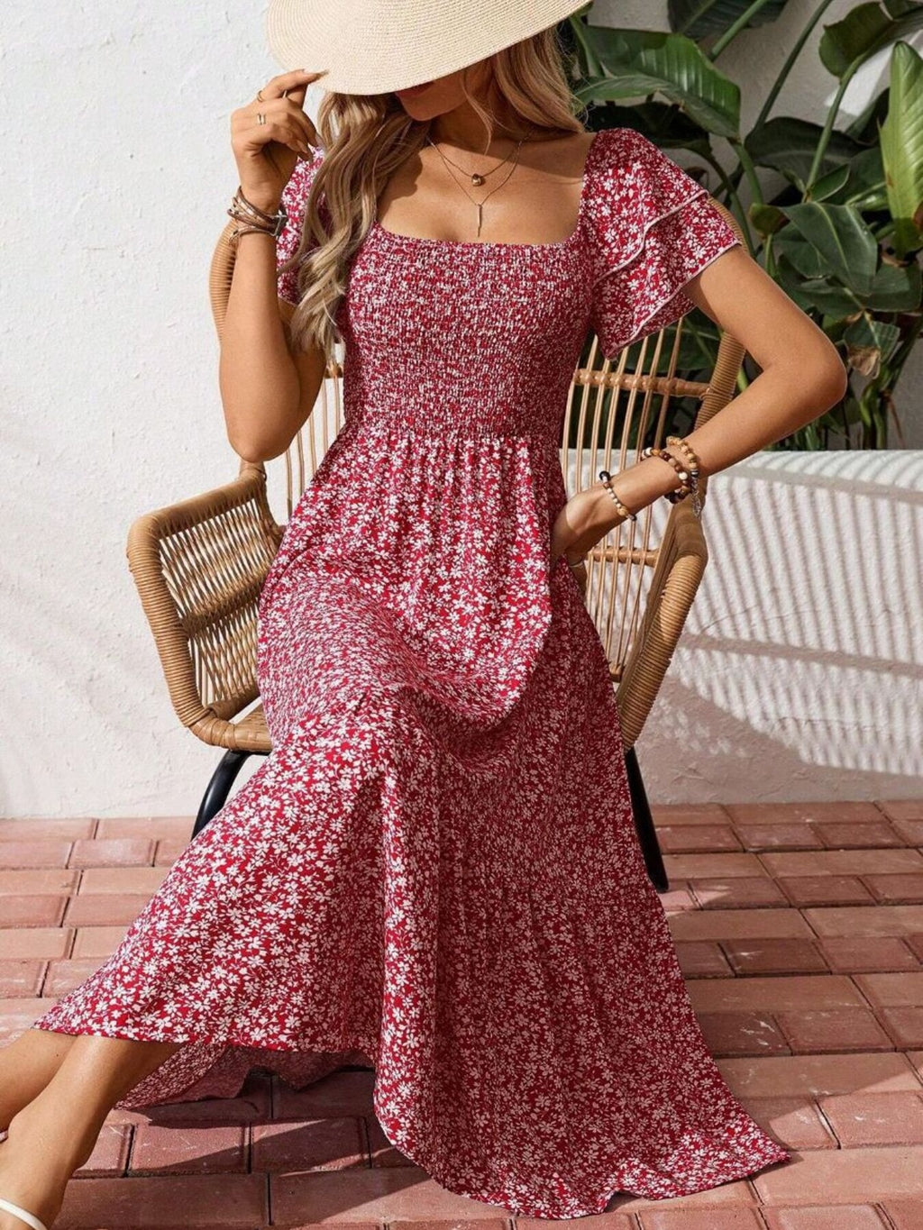 Floral print smocked ruffle sleeve midi dress by Trendsi, lightweight summer dress with feminine ruffle details and floral pattern.