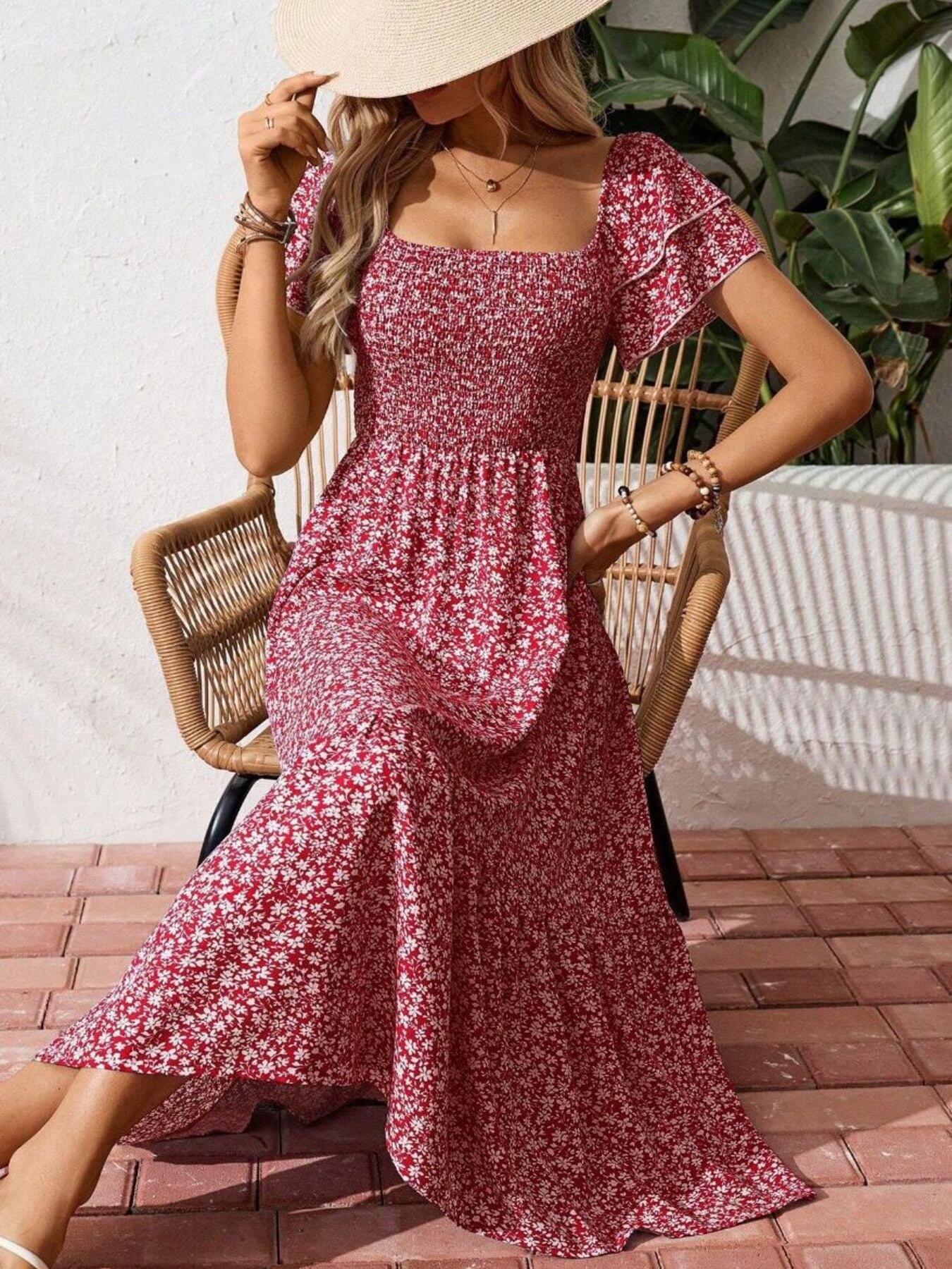 Floral print smocked ruffle sleeve midi dress by Trendsi, lightweight summer dress with feminine ruffle details and floral pattern.