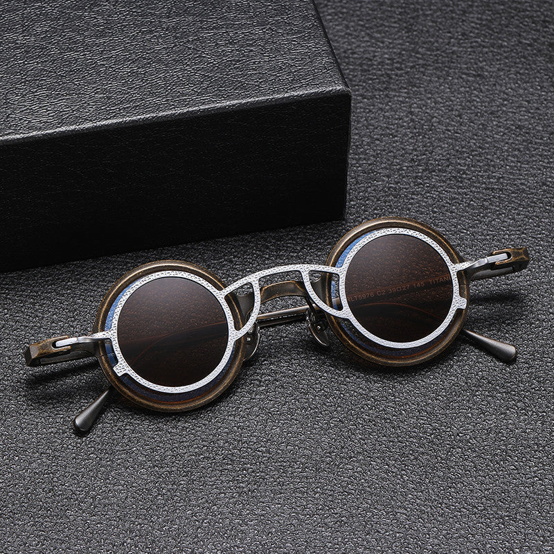 FitiqueFit pure titanium small round sunglasses with retro luxury style, featuring sleek round frames and tinted lenses.