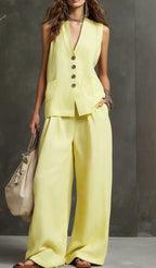Women's linen sleeveless vest and wide-leg pants two-piece set from FitiqueFit, shown with the vest and pants laid flat.