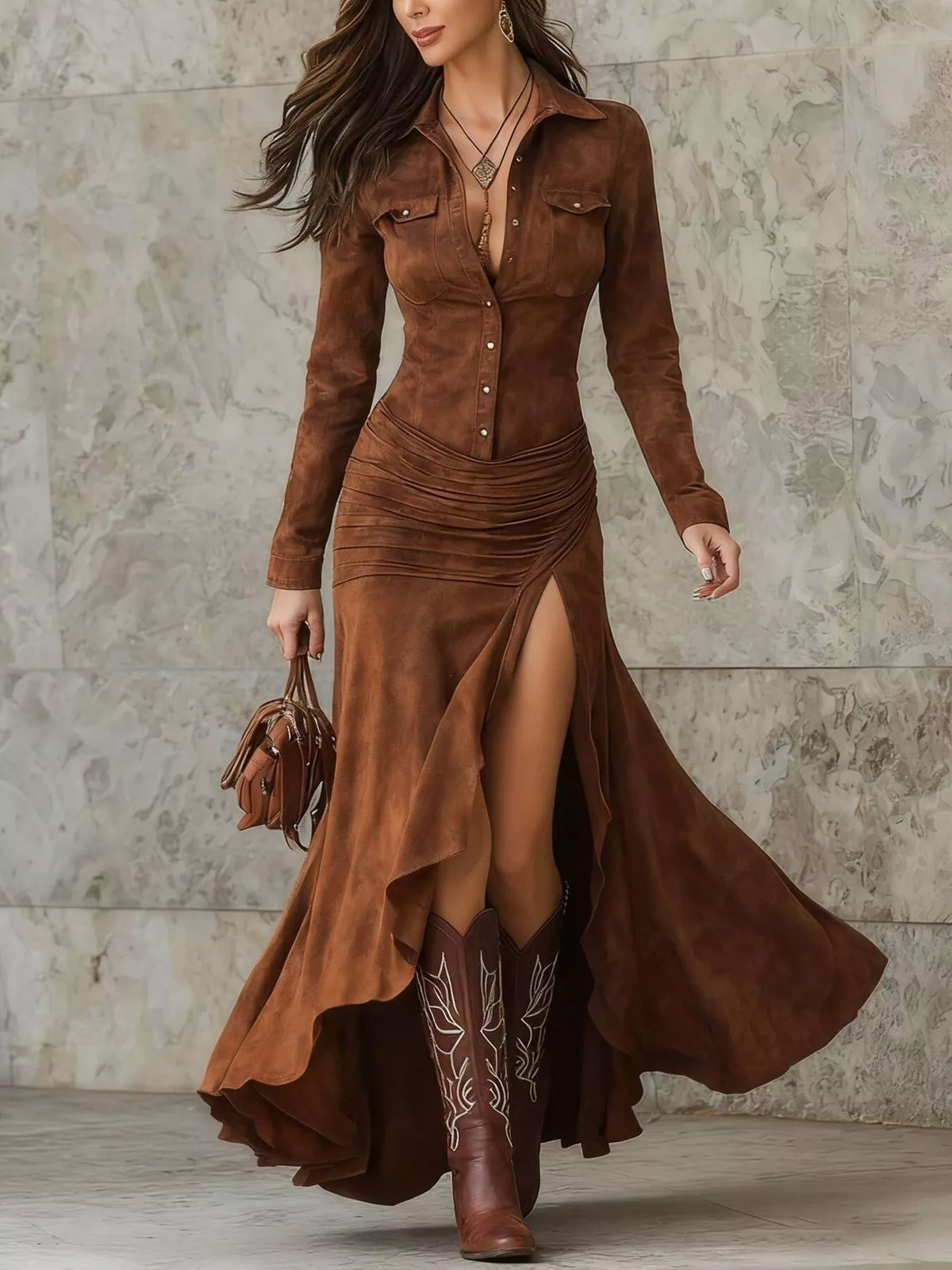 Plus size high-low long sleeve maxi dress by Trendsi, featuring a flowing silhouette and elegant design.