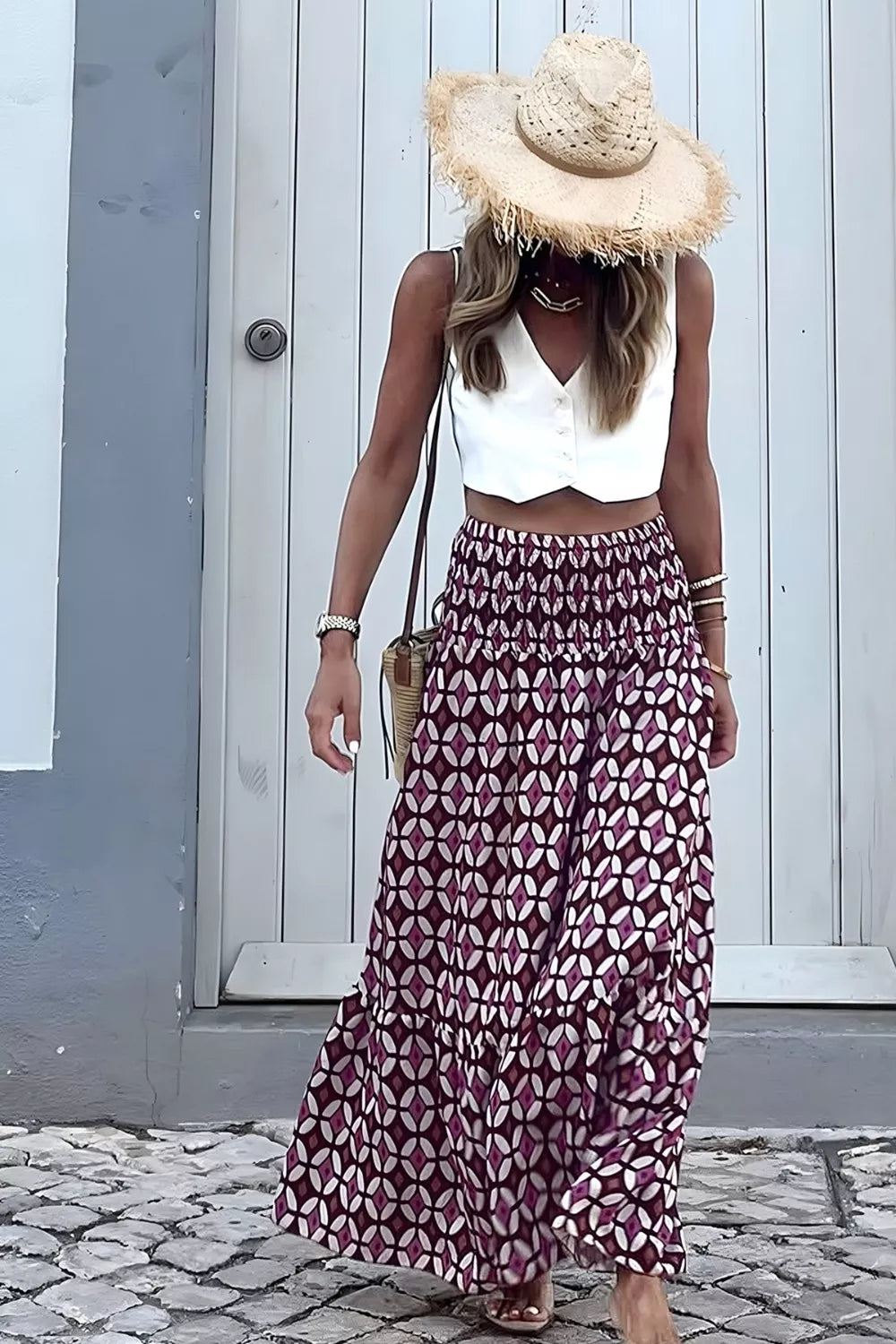 Geometric print smocked waist maxi dress from Plush Fashion Hub featuring a flowing silhouette and stylish pattern.