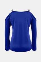 Sequin V-neck cold shoulder top by Trendsi featuring shimmering sequins, V-neckline, and cold shoulder design, stylish and trendy.