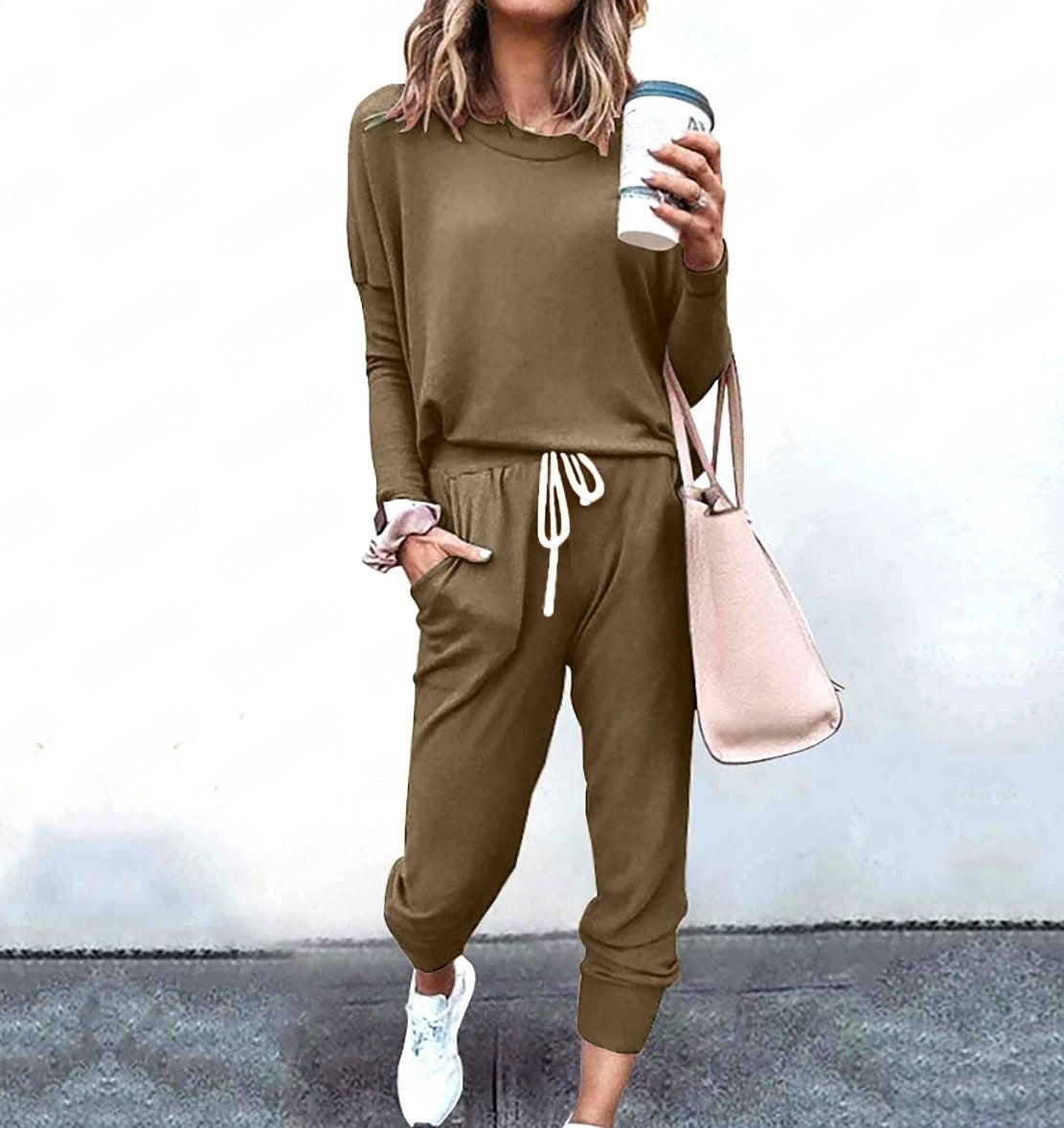 Women's long sleeve T-shirt and pencil pants set by FitiqueFit, featuring loose fit, striped and solid fabric in stylish design.