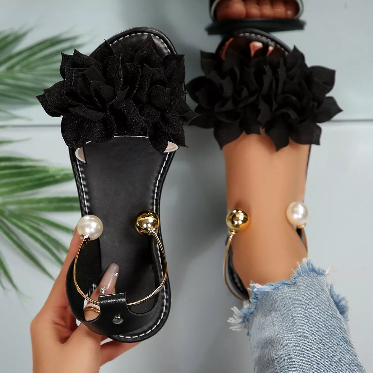 Plush Fashion Hub floral decor flat sandals with colorful flower embellishments and open toe design.