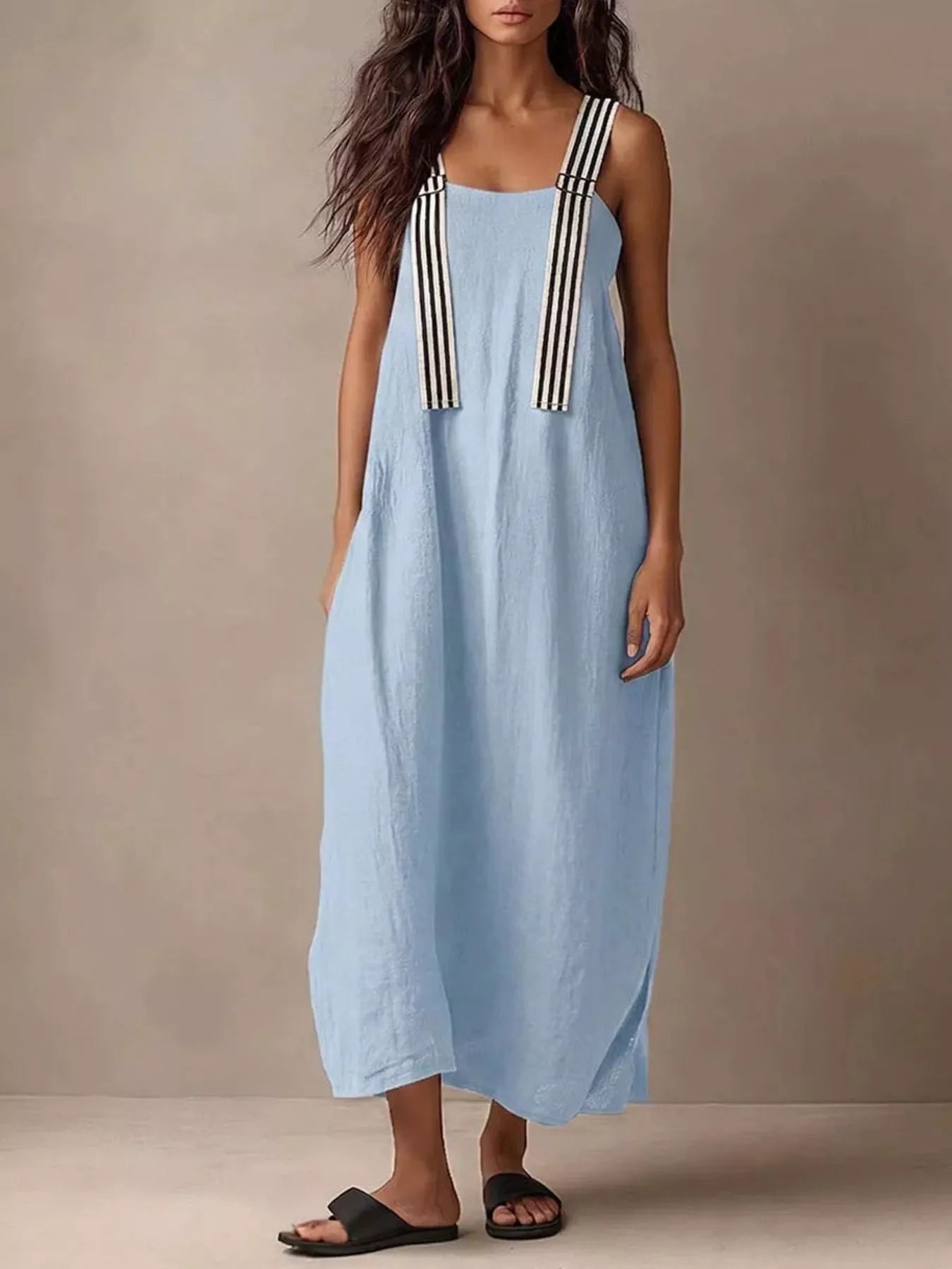 Striped straps midi dress from Shopimist featuring a fitted silhouette and bold vertical stripes, perfect for casual or summer wear.