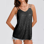 Sequin V-neck camisole by Plush Fashion Hub featuring rhinestone straps and a sparkly, casualwear top with shimmering embellishments.