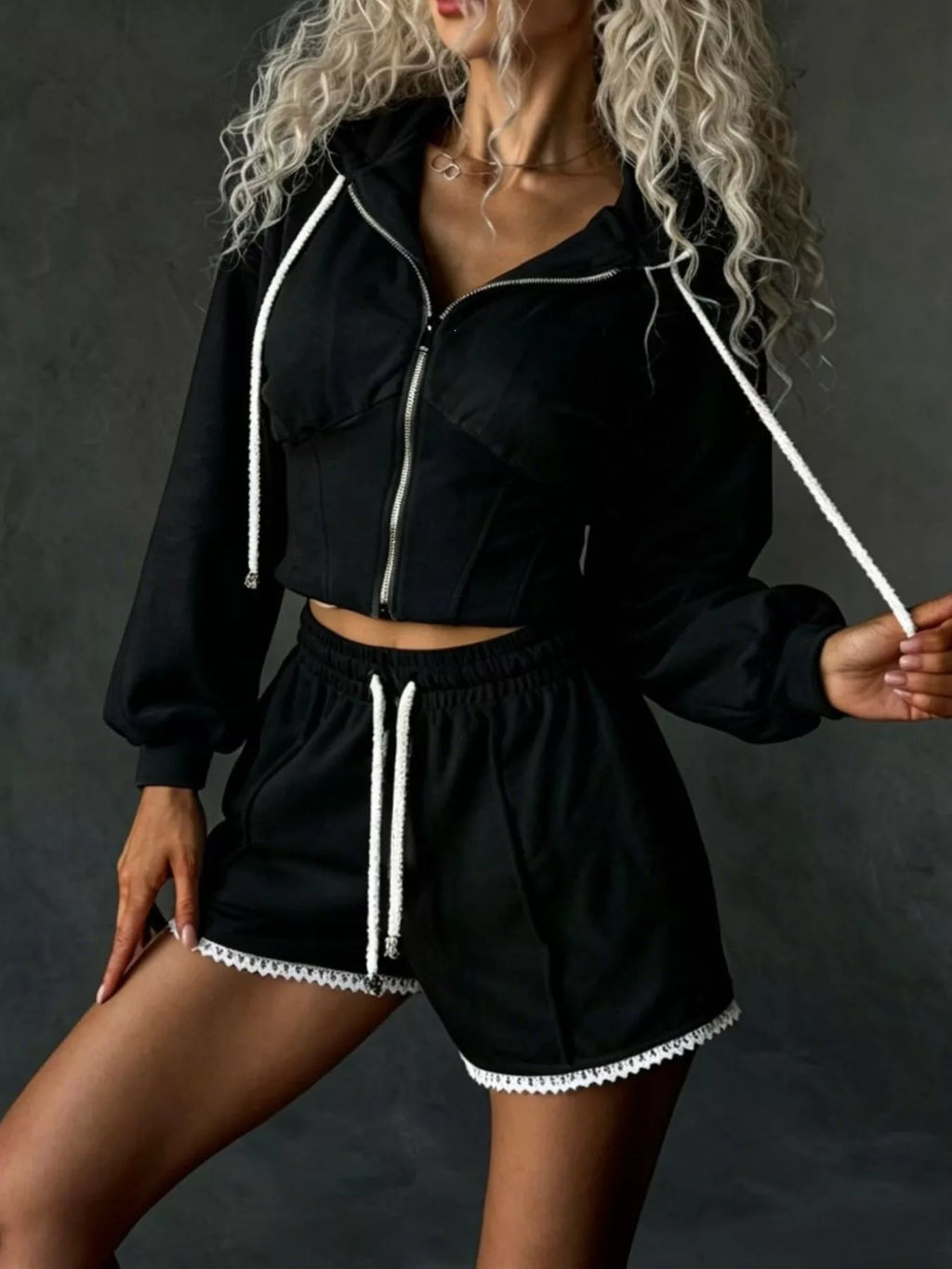 Trendsi zip-up hooded outerwear and shorts set, casual matching two-piece outfit with hooded jacket and shorts, lightweight and stylish.