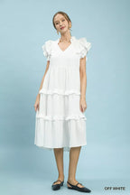 Umgee textured ruffle sleeve tiered midi dress with flowy fabric and layered design, perfect for casual or semi-formal wear.