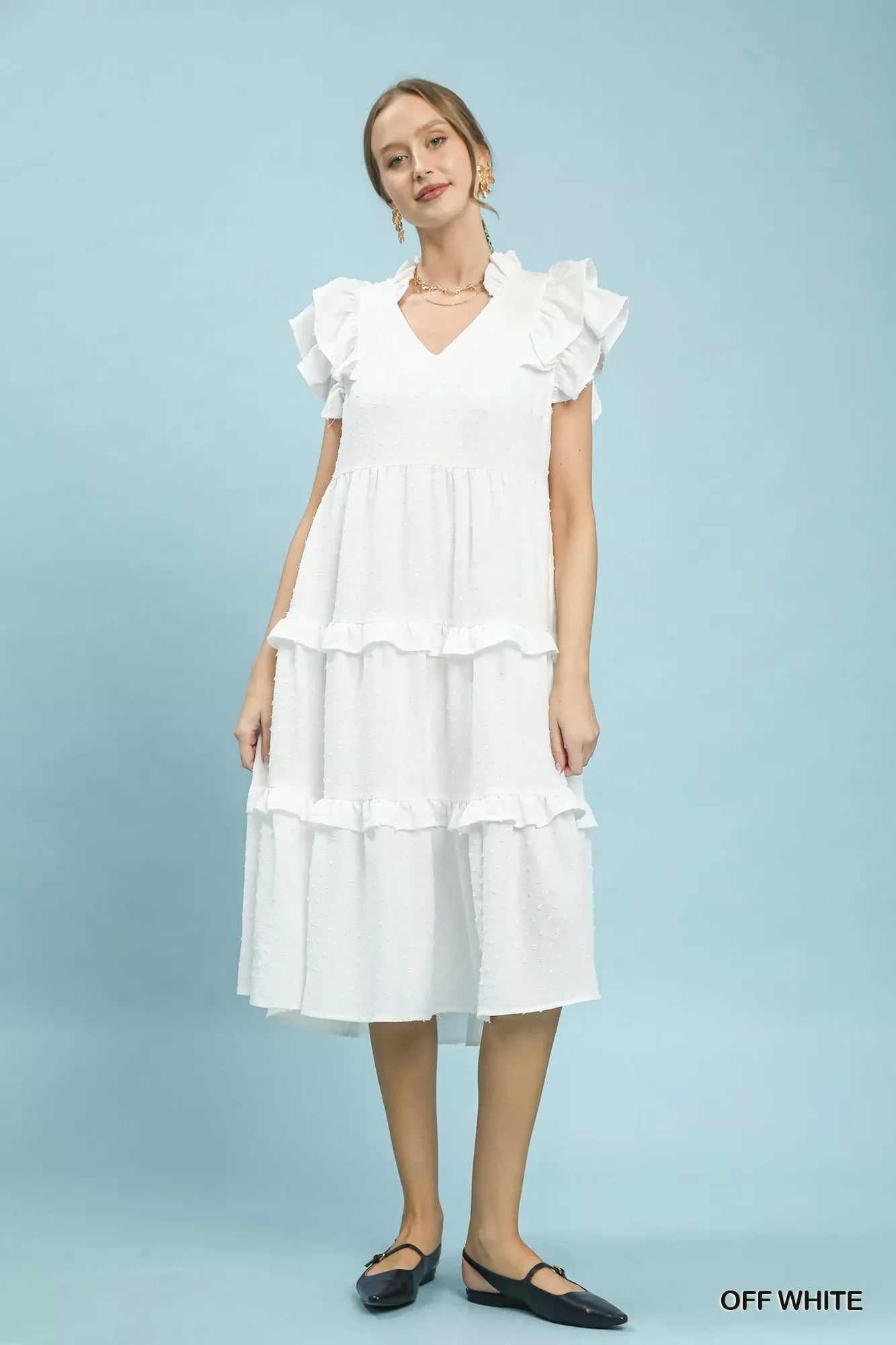 Umgee textured ruffle sleeve tiered midi dress with flowy fabric and layered design, perfect for casual or semi-formal wear.