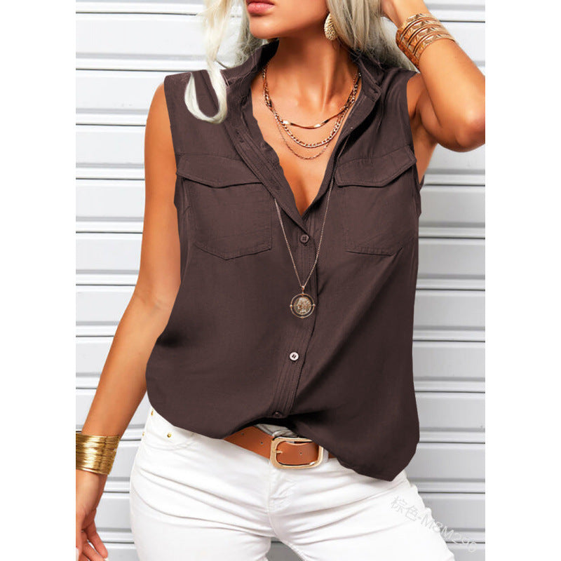 Women's sleeveless top with lapel collar, loose fit, solid color, and pockets, by Plush Fashion Hub.