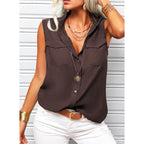 Women's sleeveless top with lapel collar, loose fit, solid color, and pockets, by Plush Fashion Hub.