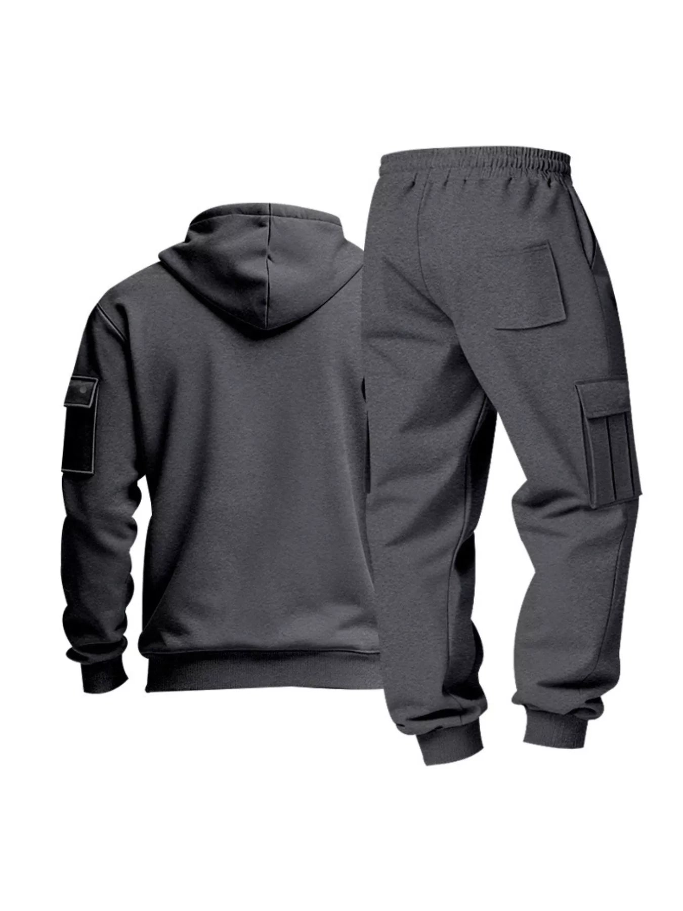 Men's plus-size full zip hoodie and cargo pants set by Shopimist, featuring a comfortable half zip top and matching cargo pants.